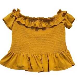 Mustard Yellow Smocked Off Shoulder Ruffle Crop Top Size Small Coquette Milkmaid
